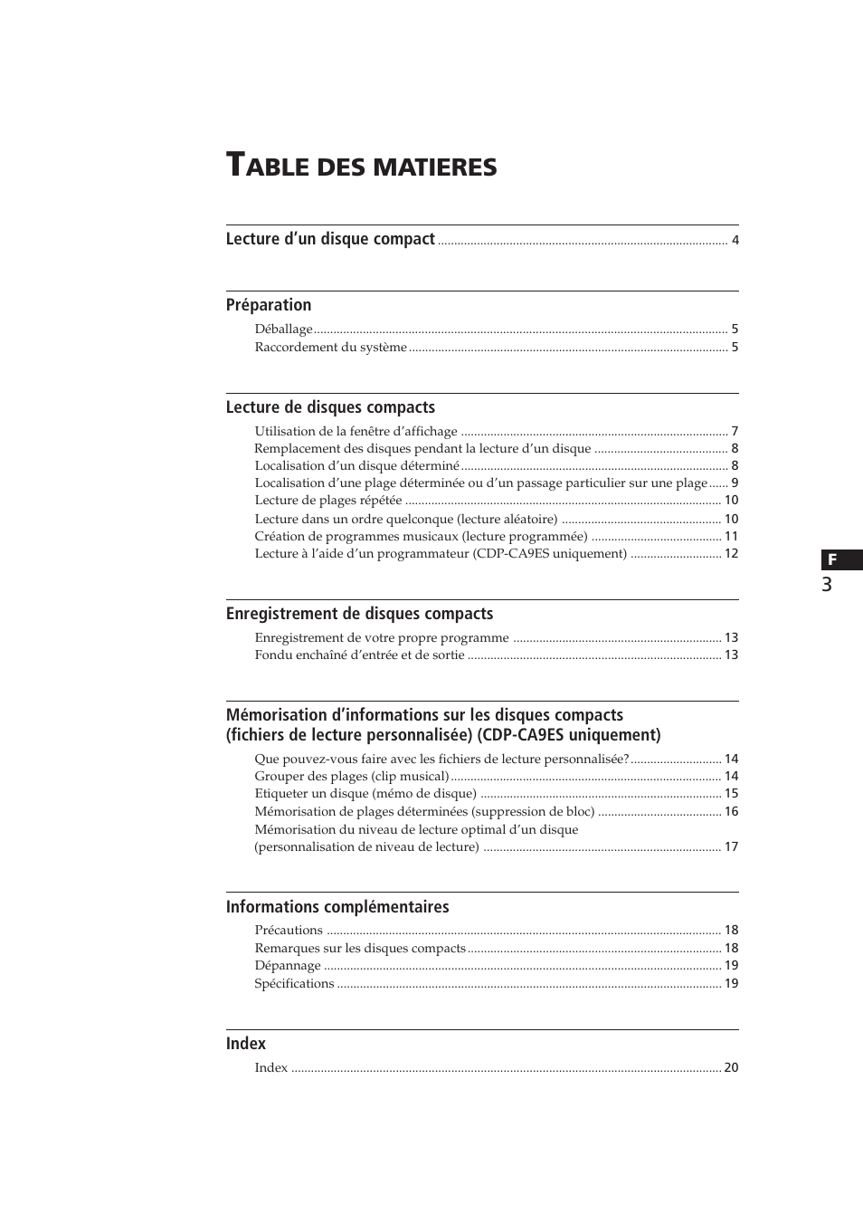 Able des matieres | Sony CDP-CA8ES User Manual | Page 22 / 58