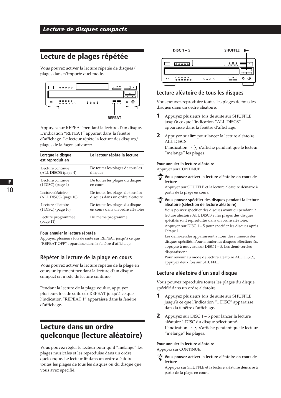 Lecture de plages répétée, Lecture de disques compacts, Répéter la lecture de la plage en cours | Lecture aléatoire de tous les disques, Lecture aléatoire d’un seul disque | Sony CDP-CA8ES User Manual | Page 29 / 58