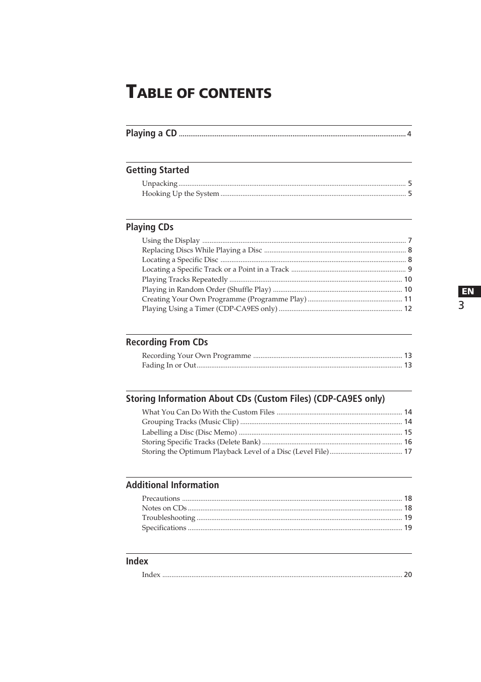 Able of contents | Sony CDP-CA8ES User Manual | Page 3 / 58
