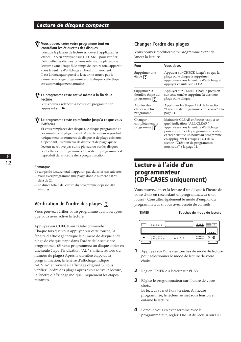 Lecture de disques compacts, Vérification de l’ordre des plages, Changer l’ordre des plages | Sony CDP-CA8ES User Manual | Page 31 / 58