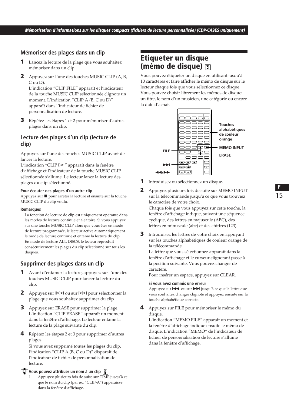 Etiqueter un disque (mémo de disque), Mémoriser des plages dans un clip 1, Lecture des plages d’un clip (lecture de clip) | Supprimer des plages dans un clip 1 | Sony CDP-CA8ES User Manual | Page 34 / 58