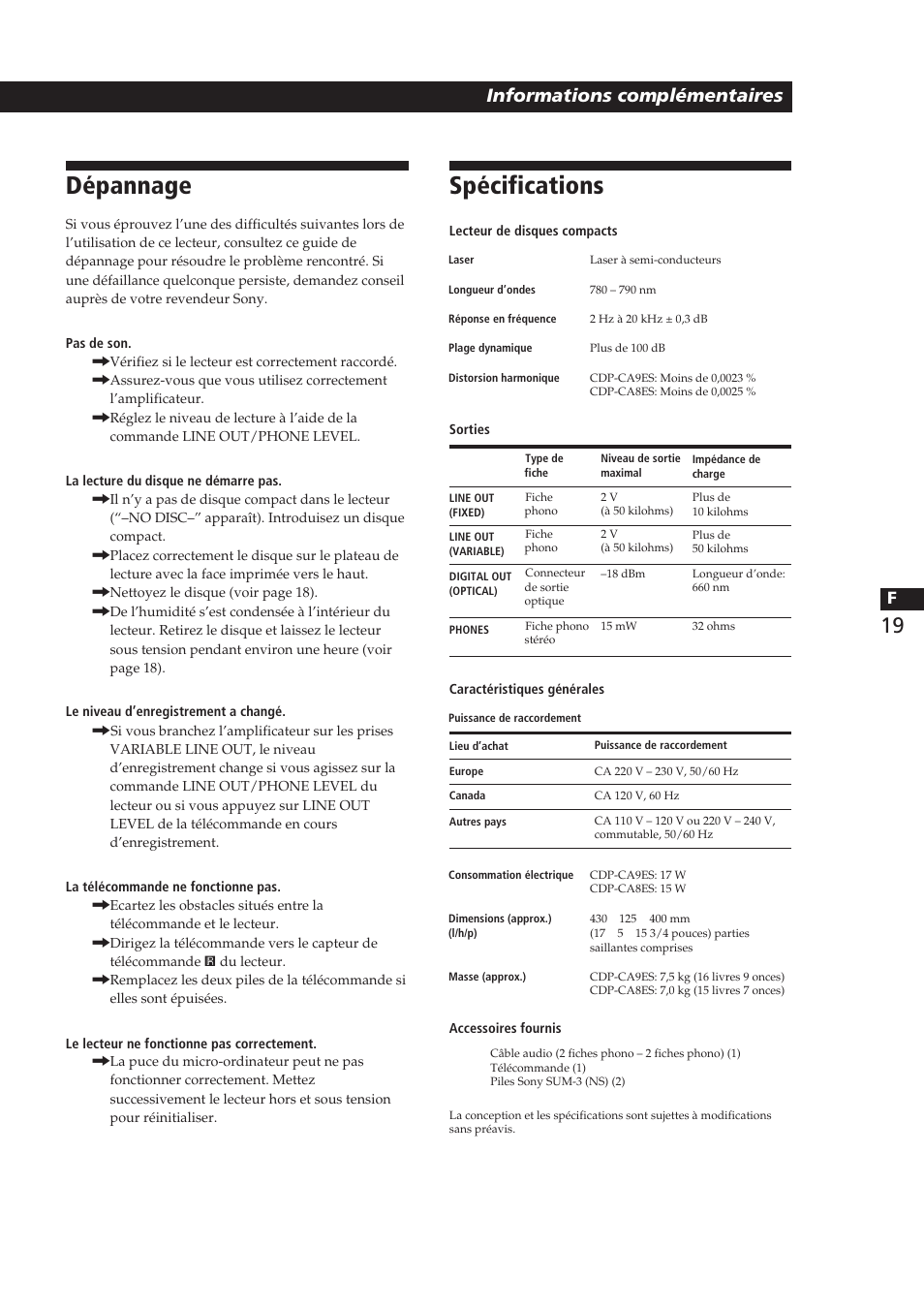 Dépannage, Spécifications, Informations complémentaires | Sony CDP-CA8ES User Manual | Page 38 / 58