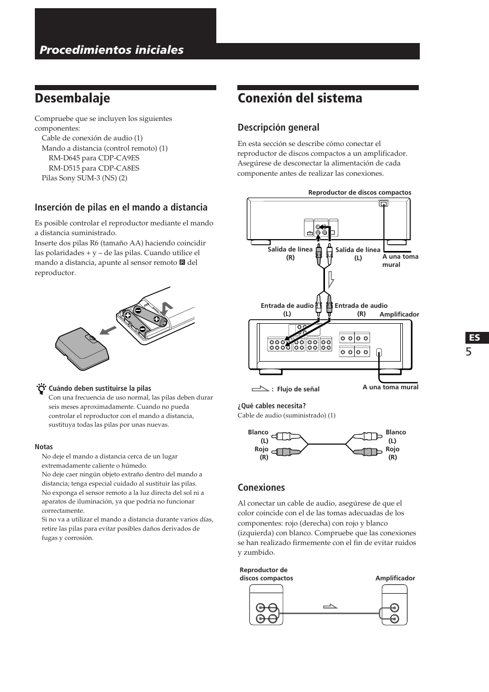 Desembalaje, Conexión del sistema, Procedimientos iniciales | Inserción de pilas en el mando a distancia, Descripción general, Conexiones | Sony CDP-CA8ES User Manual | Page 43 / 58