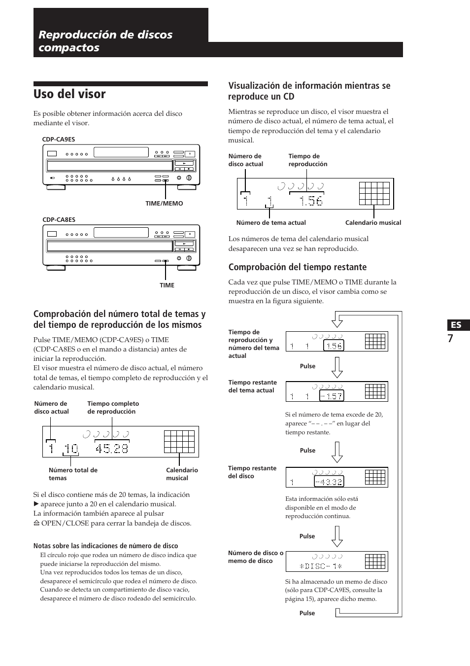 Uso del visor, Reproducción de discos compactos, Comprobación del tiempo restante | Sony CDP-CA8ES User Manual | Page 45 / 58