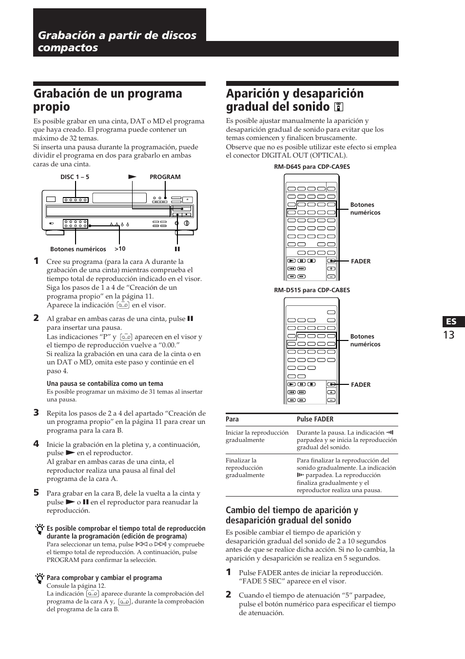 Grabación de un programa propio, Aparición y desaparición gradual del sonido, Grabación a partir de discos compactos | Sony CDP-CA8ES User Manual | Page 51 / 58