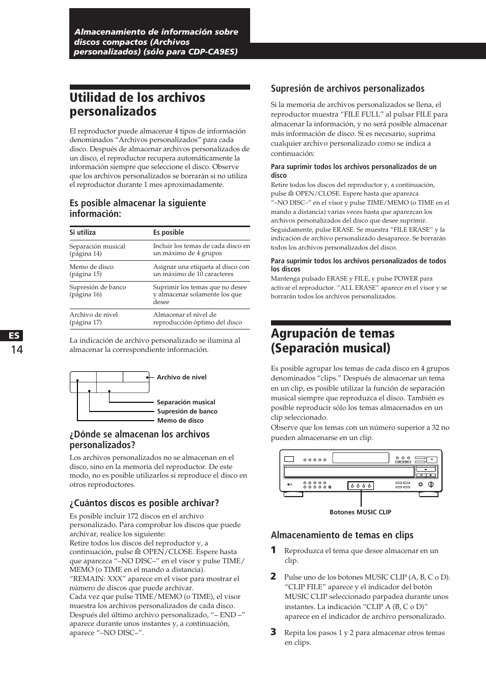 Utilidad de los archivos personalizados, Agrupación de temas (separación musical), Es posible almacenar la siguiente información | Supresión de archivos personalizados, Dónde se almacenan los archivos personalizados, Cuántos discos es posible archivar, Almacenamiento de temas en clips 1 | Sony CDP-CA8ES User Manual | Page 52 / 58