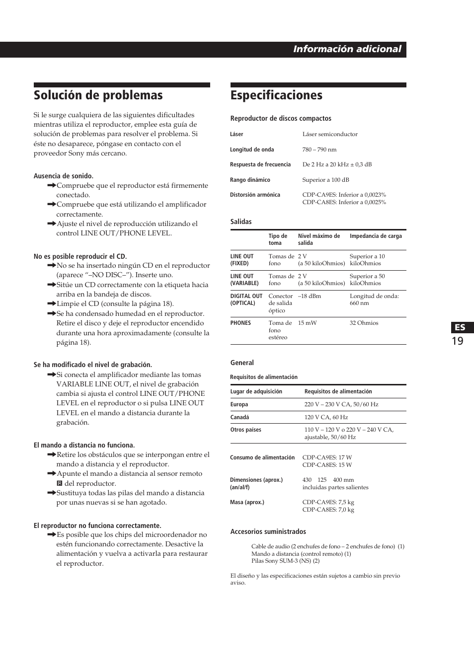 Solución de problemas, Especificaciones, Información adicional | Sony CDP-CA8ES User Manual | Page 57 / 58