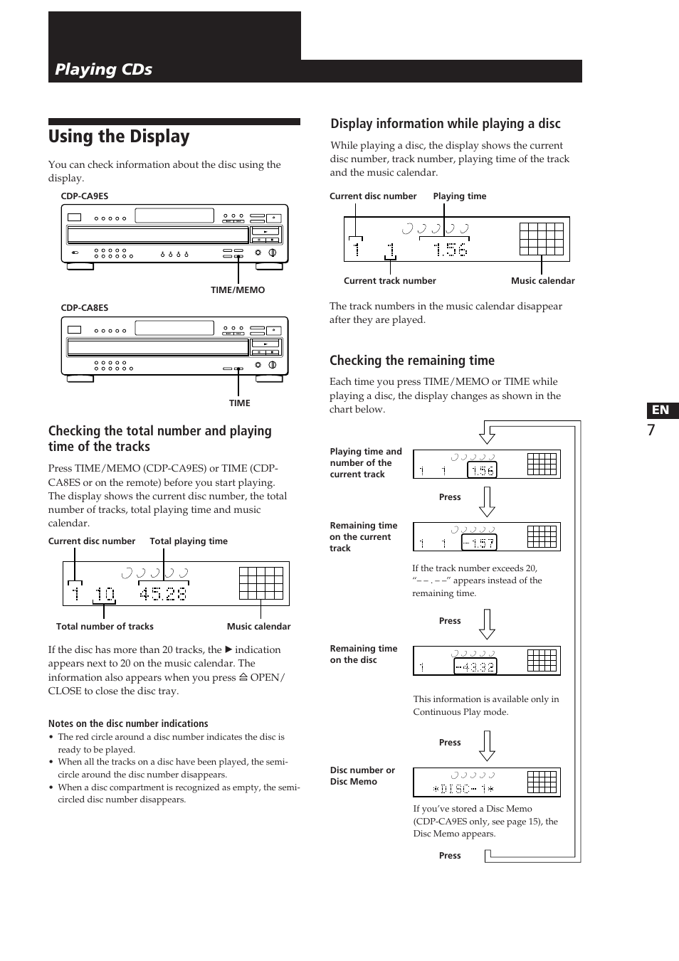 Using the display, Playing cds, Display information while playing a disc | Checking the remaining time | Sony CDP-CA8ES User Manual | Page 7 / 58