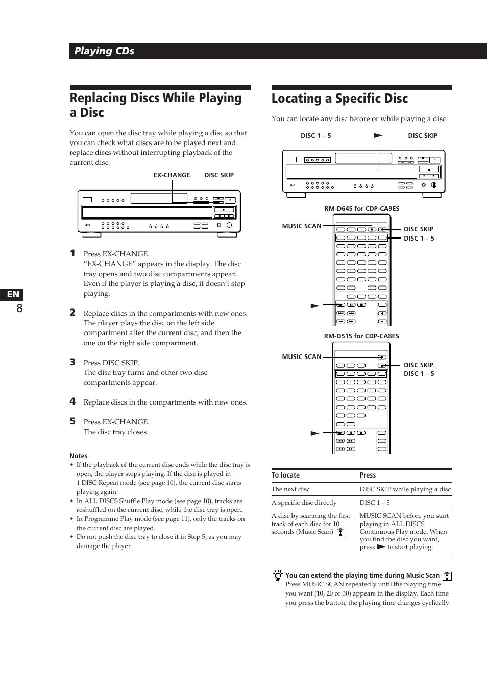 Replacing discs while playing a disc, Locating a specific disc, Playing cds | Sony CDP-CA8ES User Manual | Page 8 / 58