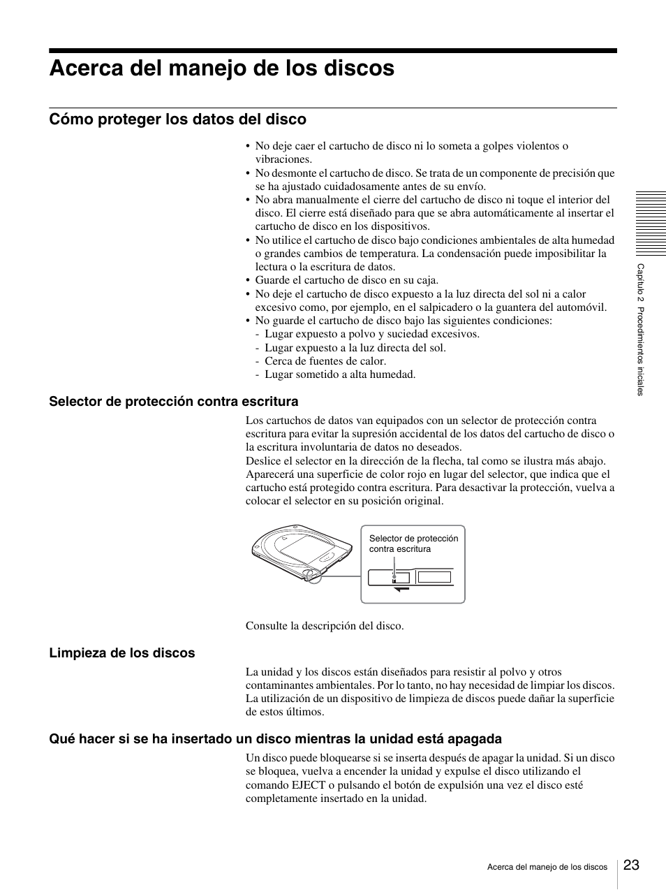 Acerca del manejo de los discos, Cómo proteger los datos del disco, Selector de protección contra escritura | Limpieza de los discos | Sony BW-RS101 User Manual | Page 103 / 134