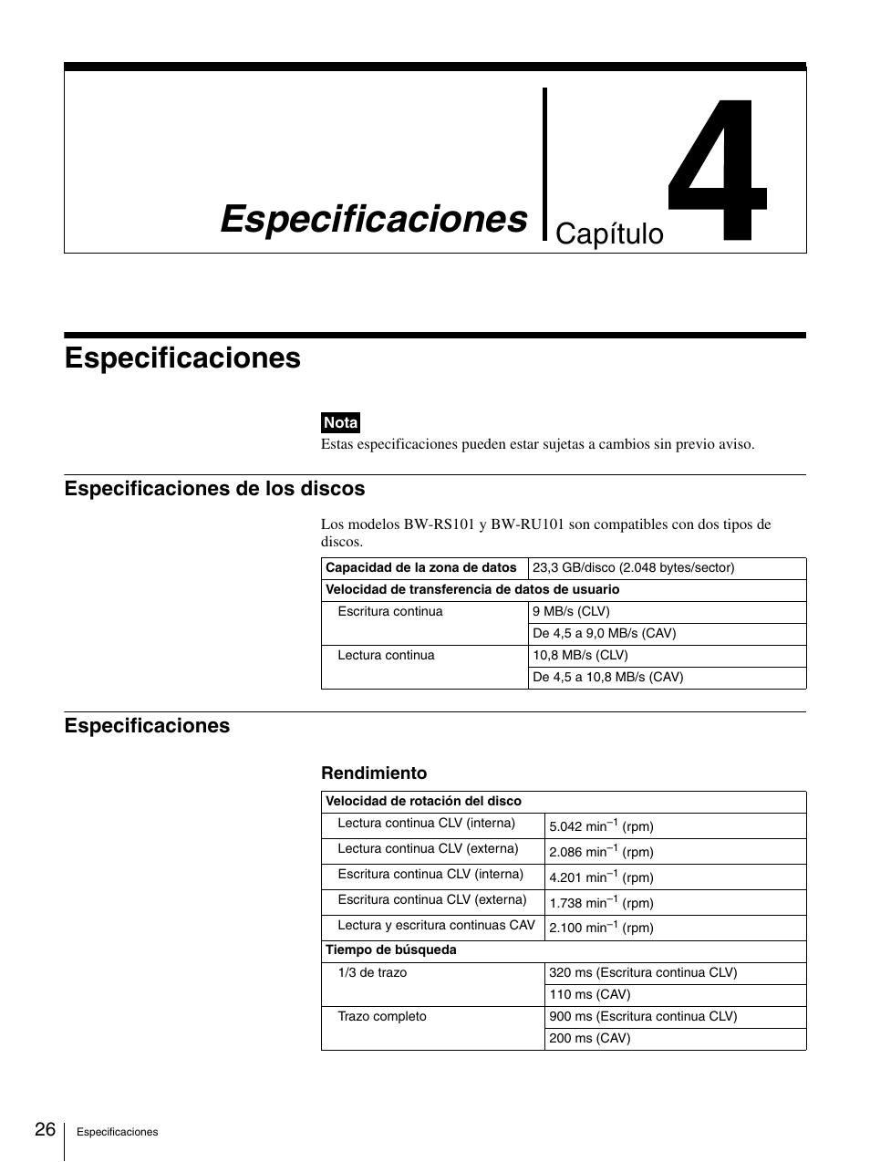 Especificaciones, Especificaciones de los discos, Chapter 4 especificaciones | Especificaciones de los discos especificaciones, Capítulo | Sony BW-RS101 User Manual | Page 106 / 134