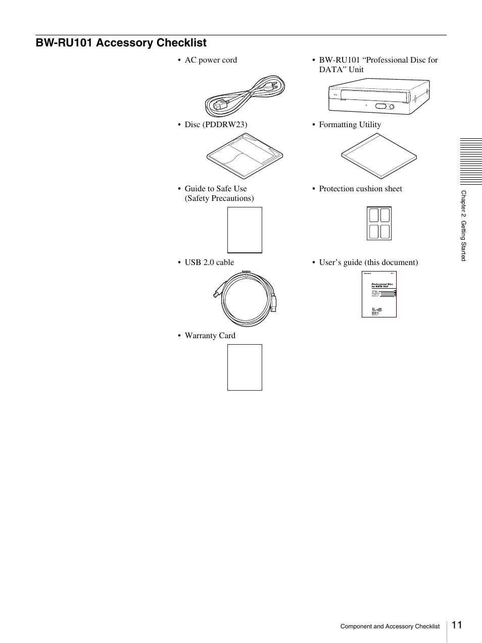 Bw-ru101 accessory checklist | Sony BW-RS101 User Manual | Page 11 / 134