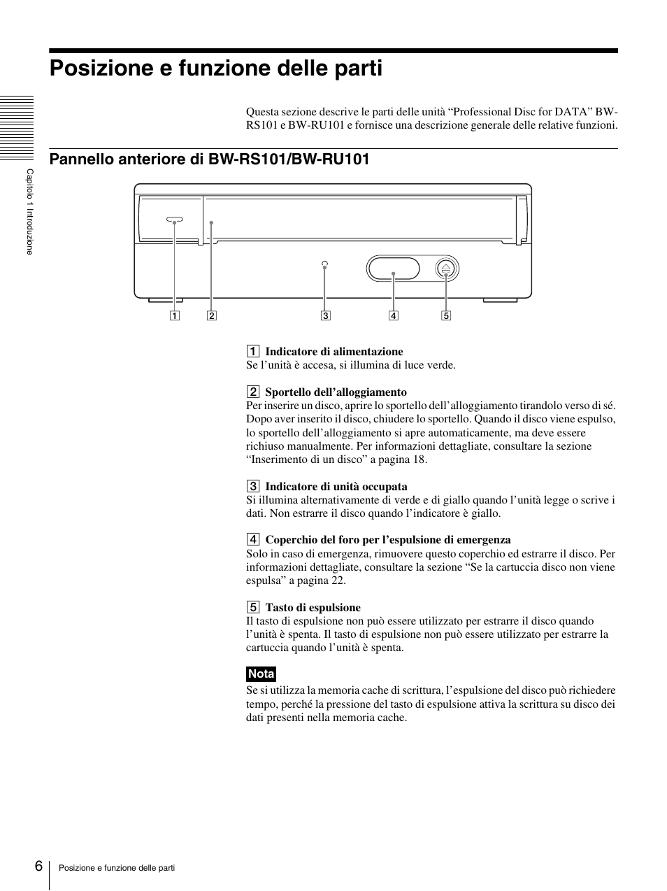 Posizione e funzione delle parti, Pannello anteriore di bw-rs101/bw-ru101 | Sony BW-RS101 User Manual | Page 112 / 134