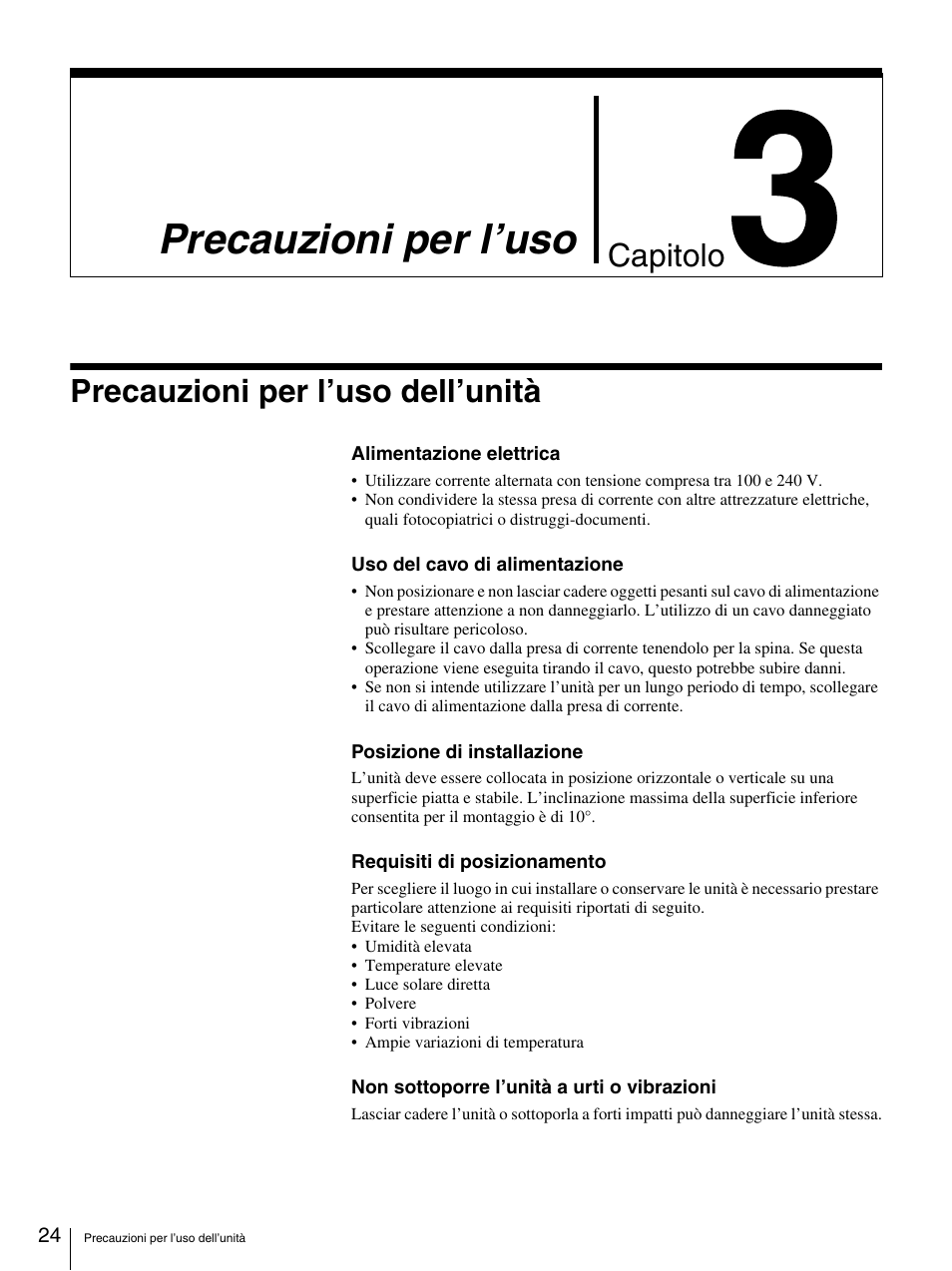 Precauzioni per l’uso, Precauzioni per l’uso dell’unità, Chapter 3 precauzioni per l’uso | Capitolo | Sony BW-RS101 User Manual | Page 130 / 134