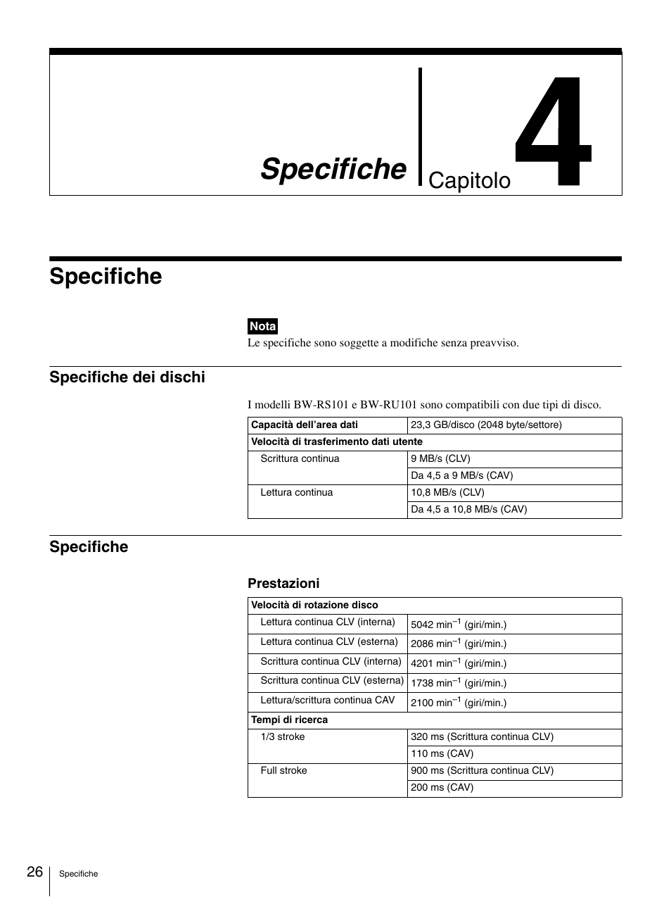 Specifiche, Specifiche dei dischi, Chapter 4 specifiche | Specifiche dei dischi specifiche, Capitolo | Sony BW-RS101 User Manual | Page 132 / 134