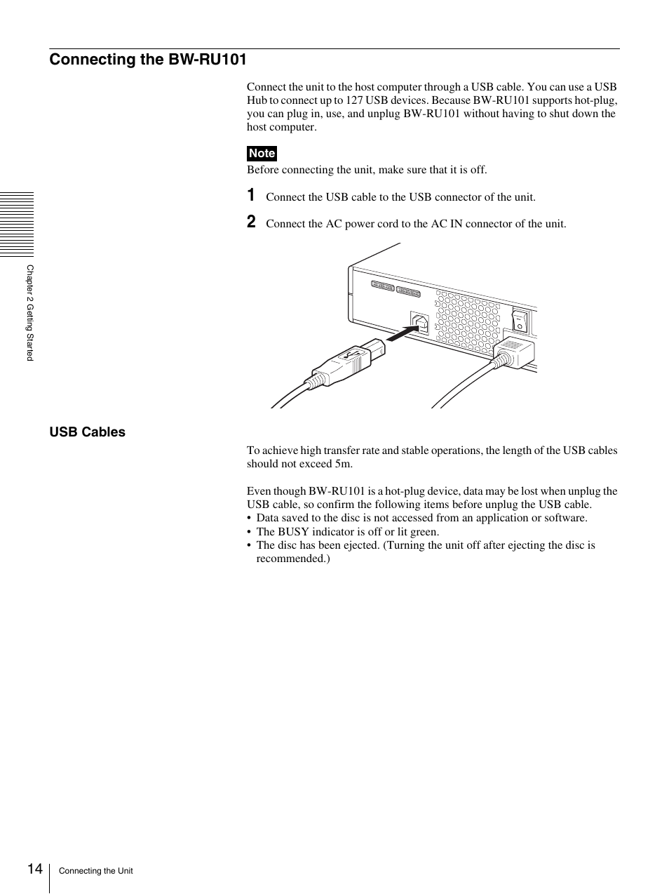 Connecting the bw-ru101, Usb cables | Sony BW-RS101 User Manual | Page 14 / 134