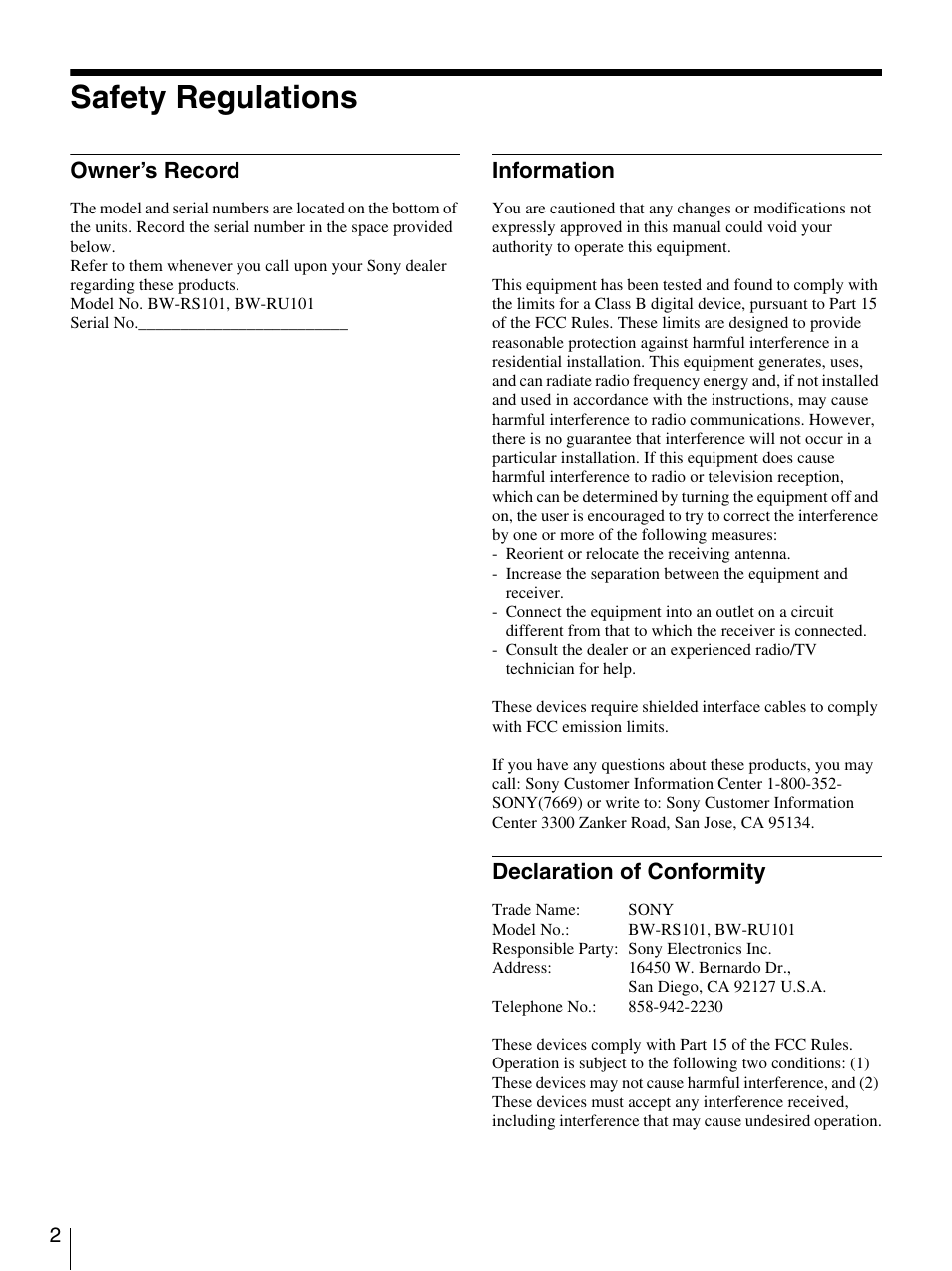 Safety regulations, Owner’s record, Information | Declaration of conformity | Sony BW-RS101 User Manual | Page 2 / 134