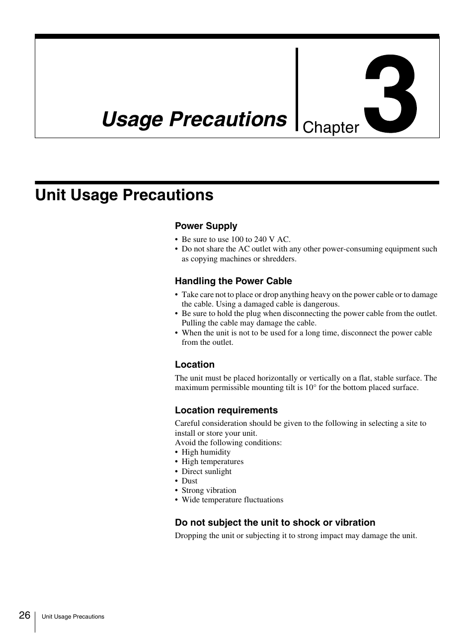 Usage precautions, Unit usage precautions, Chapter 3 usage precautions | Chapter | Sony BW-RS101 User Manual | Page 26 / 134