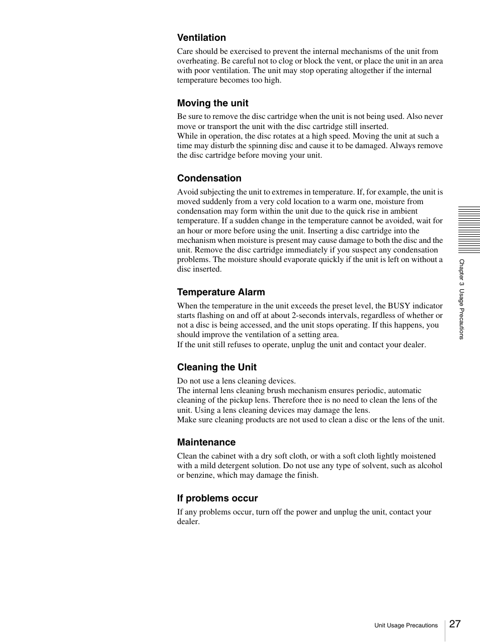 Ventilation, Moving the unit, Condensation | Temperature alarm, Cleaning the unit, Maintenance, If problems occur | Sony BW-RS101 User Manual | Page 27 / 134