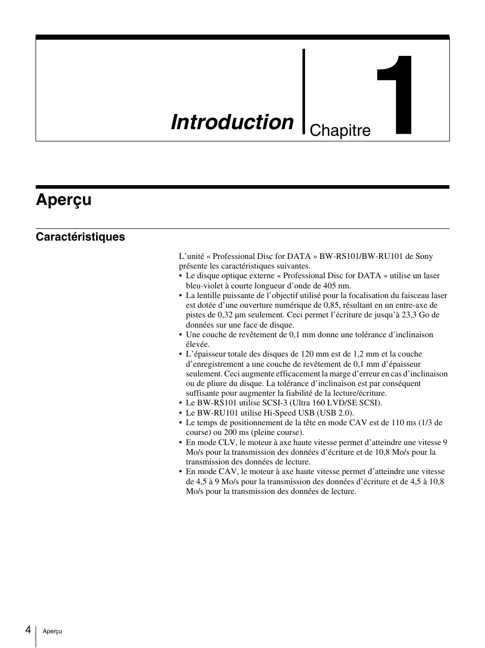 Introduction, Aperçu, Caractéristiques | Chapter 1 introduction, Chapitre | Sony BW-RS101 User Manual | Page 32 / 134
