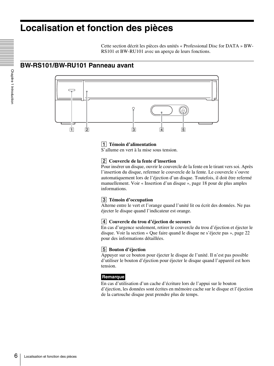 Localisation et fonction des pièces, Bw-rs101/bw-ru101 panneau avant | Sony BW-RS101 User Manual | Page 34 / 134
