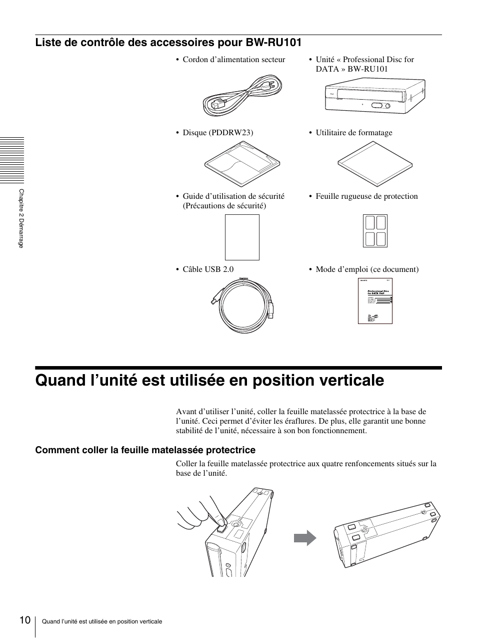 Liste de contrôle des accessoires pour bw-ru101, Quand l’unité est utilisée en position verticale | Sony BW-RS101 User Manual | Page 38 / 134