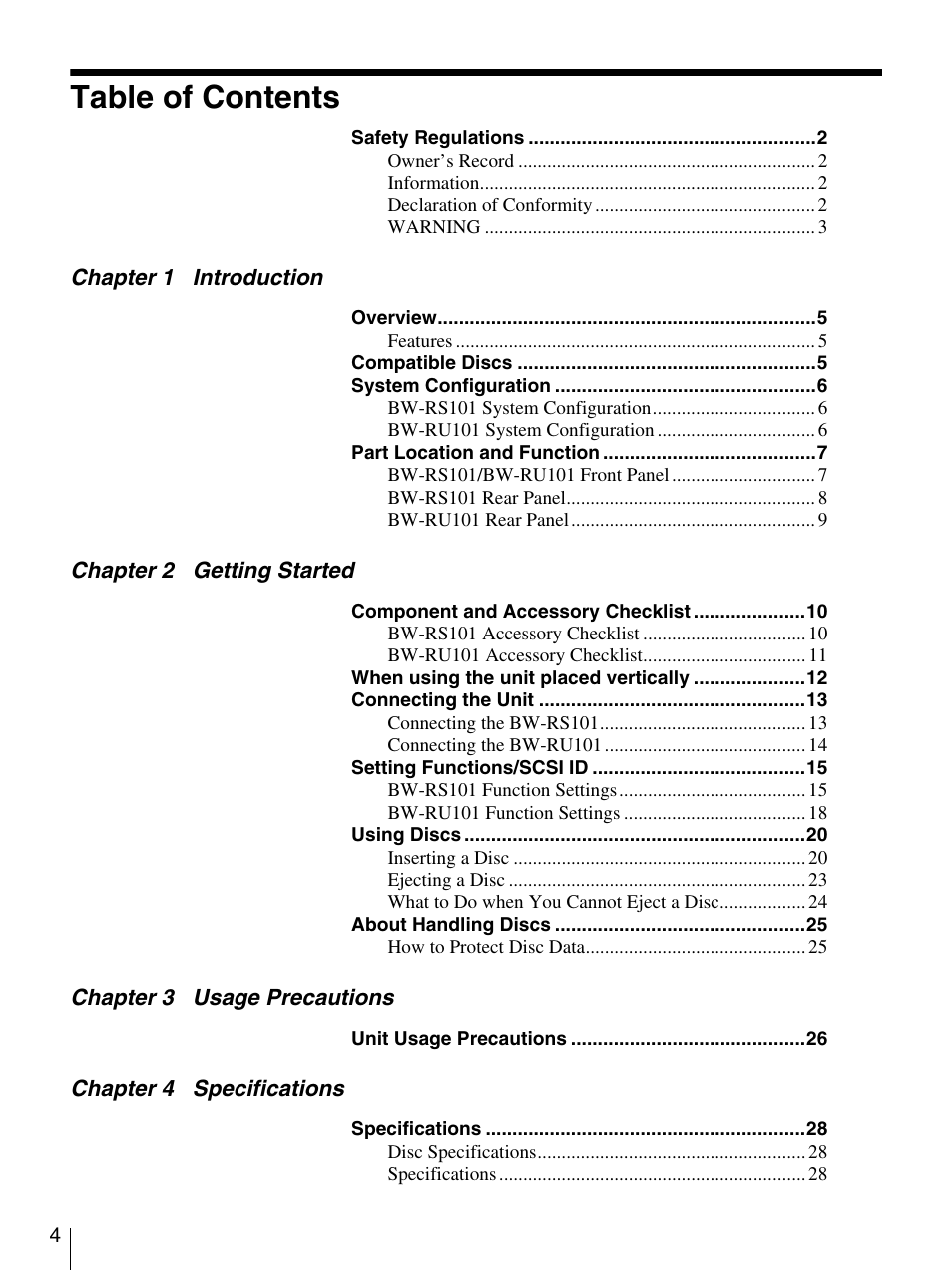 Sony BW-RS101 User Manual | Page 4 / 134