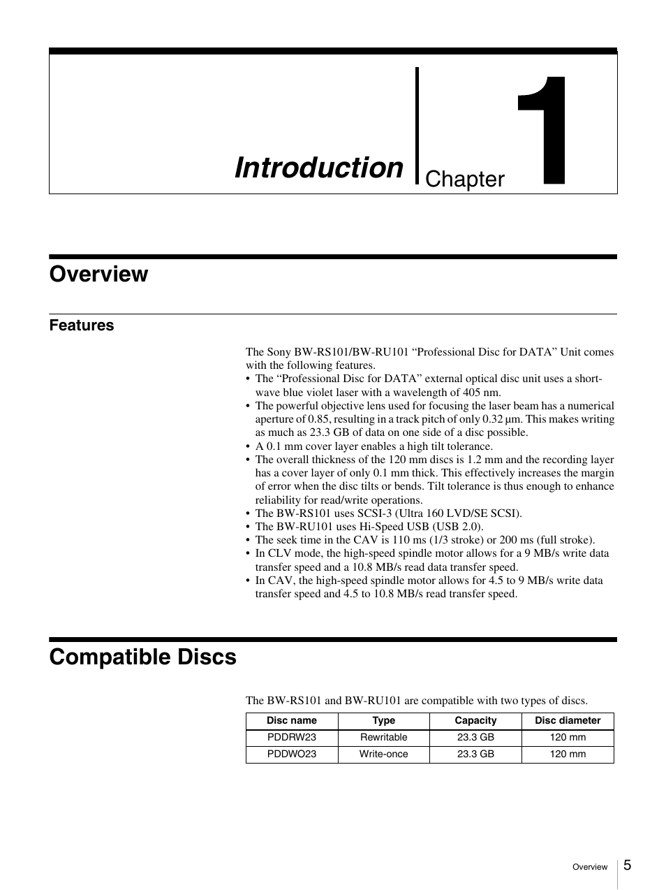 Introduction, Overview, Features | Compatible discs, Chapter 1 introduction, Chapter | Sony BW-RS101 User Manual | Page 5 / 134