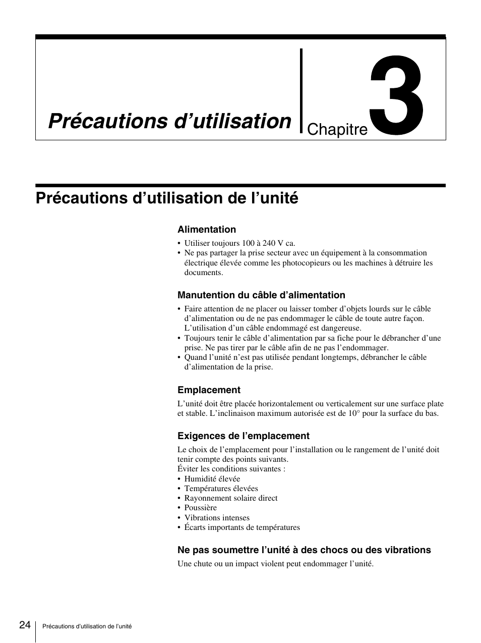 Précautions d’utilisation, Précautions d’utilisation de l’unité, Chapter 3 précautions d’utilisation | Chapitre | Sony BW-RS101 User Manual | Page 52 / 134