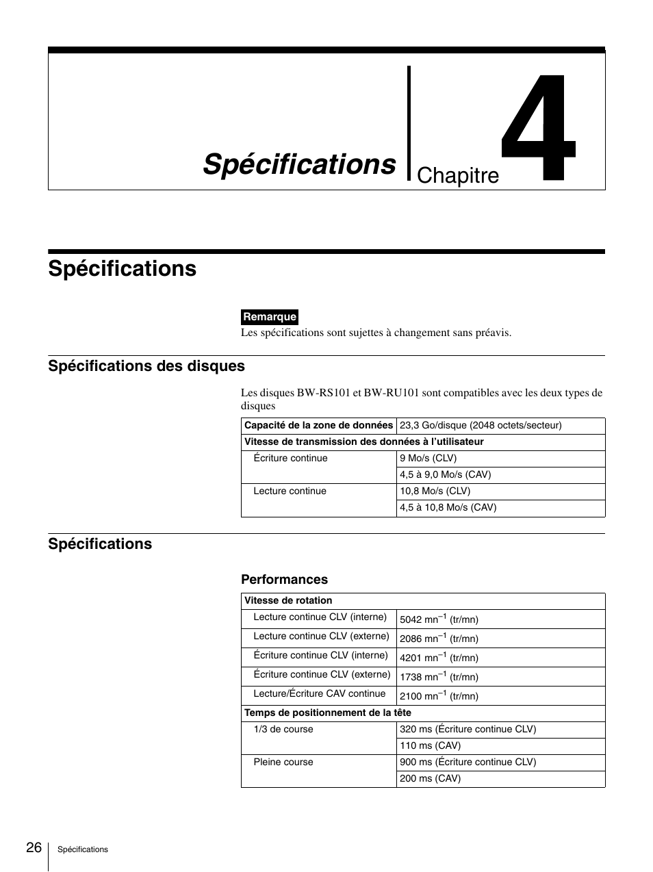 Spécifications, Spécifications des disques, Chapter 4 spécifications | Spécifications des disques spécifications, Chapitre | Sony BW-RS101 User Manual | Page 54 / 134