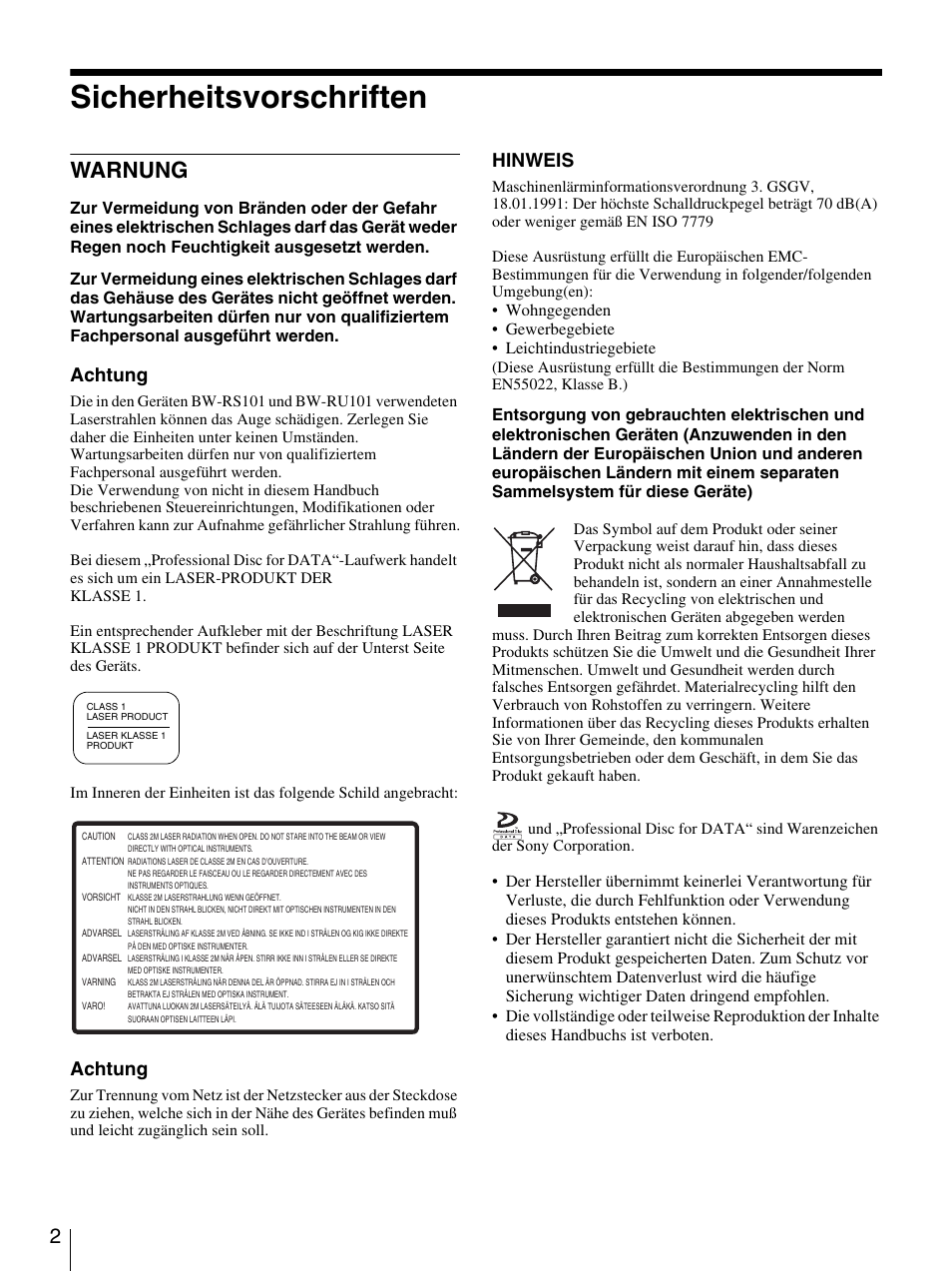Sicherheitsvorschriften, Warnung, Achtung | Hinweis | Sony BW-RS101 User Manual | Page 56 / 134