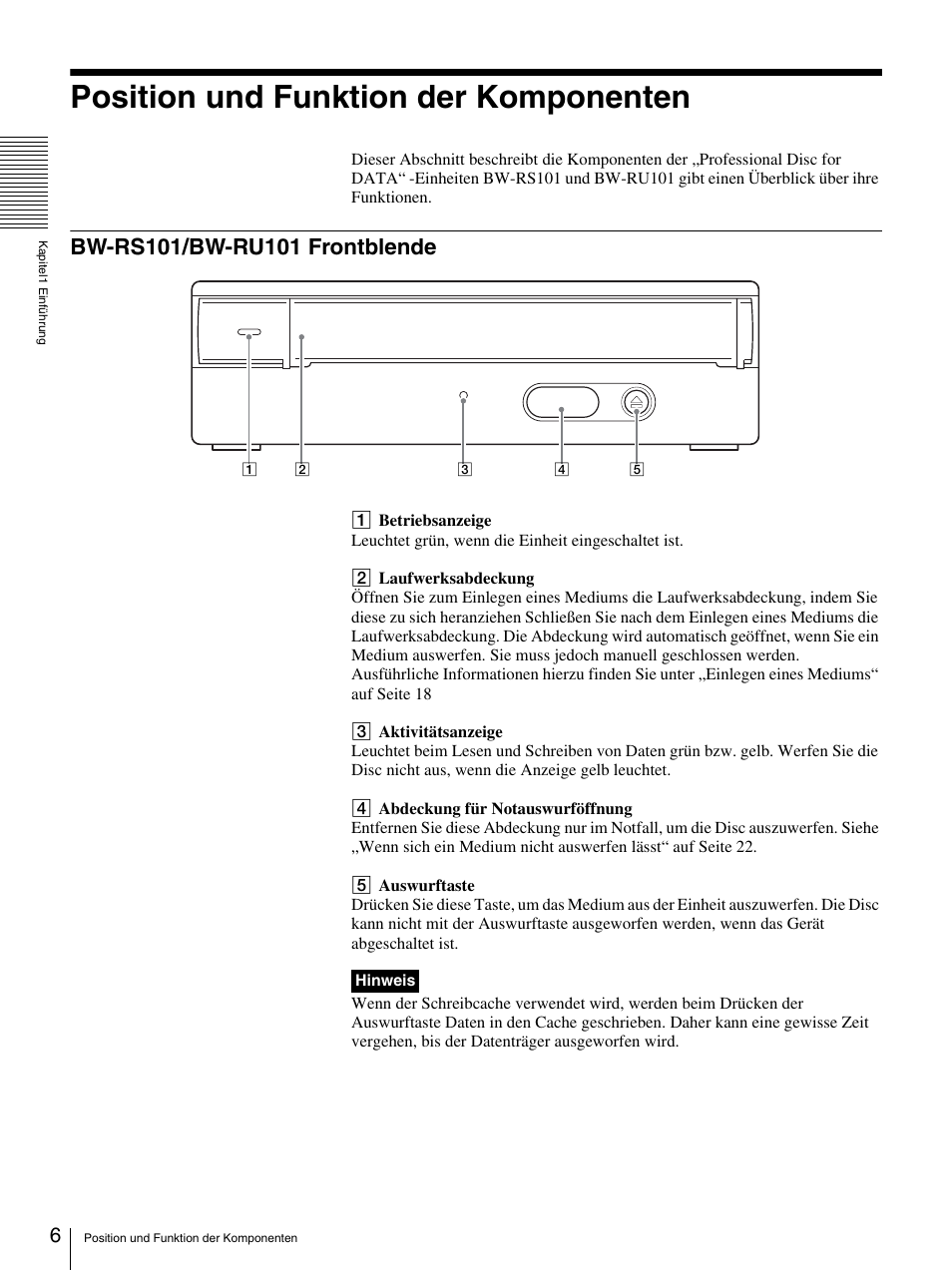 Position und funktion der komponenten, Bw-rs101/bw-ru101 frontblende | Sony BW-RS101 User Manual | Page 60 / 134