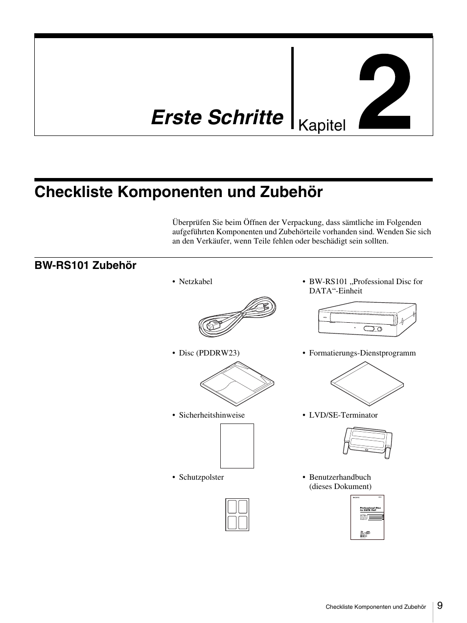 Erste schritte, Checkliste komponenten und zubehör, Bw-rs101 zubehör | Chapter 2 erste schritte, Kapitel | Sony BW-RS101 User Manual | Page 63 / 134