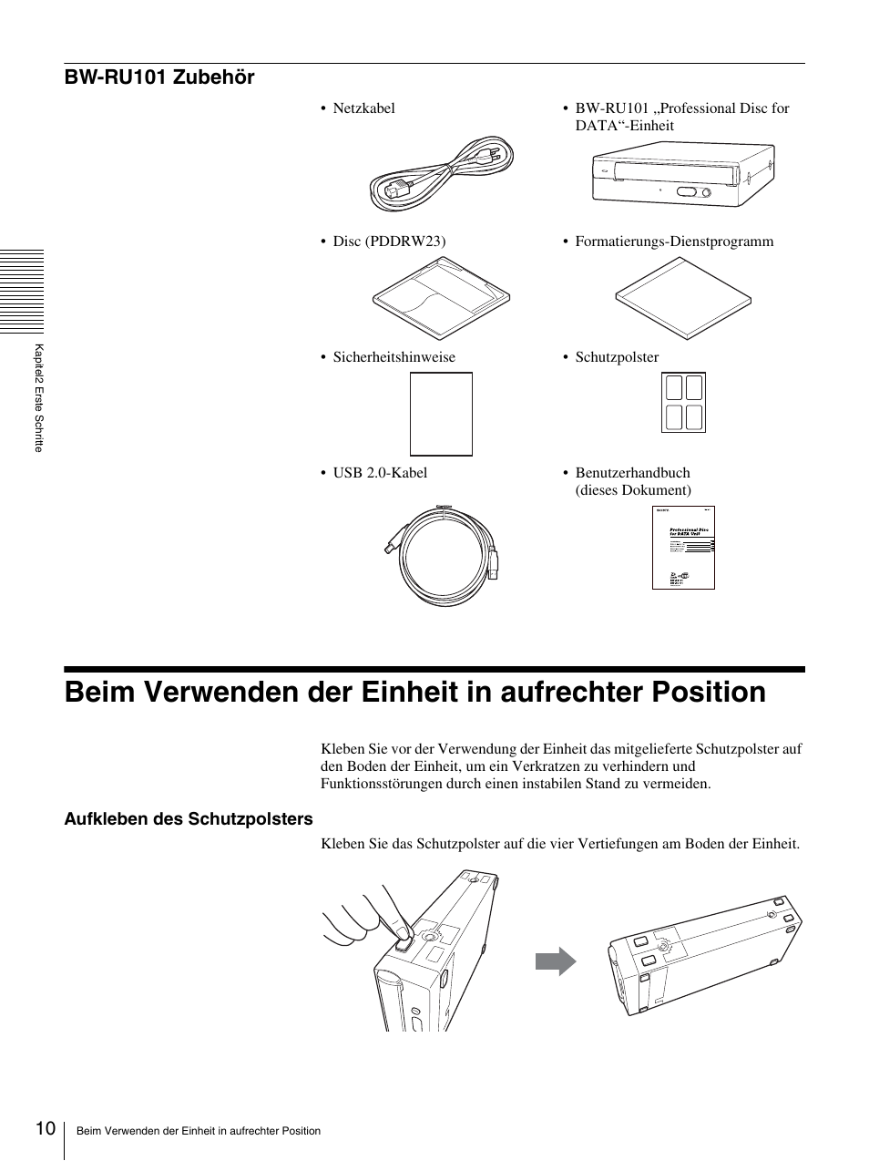 Bw-ru101 zubehör, Beim verwenden der einheit in aufrechter position, Beim verwenden der einheit in | Aufrechter position | Sony BW-RS101 User Manual | Page 64 / 134