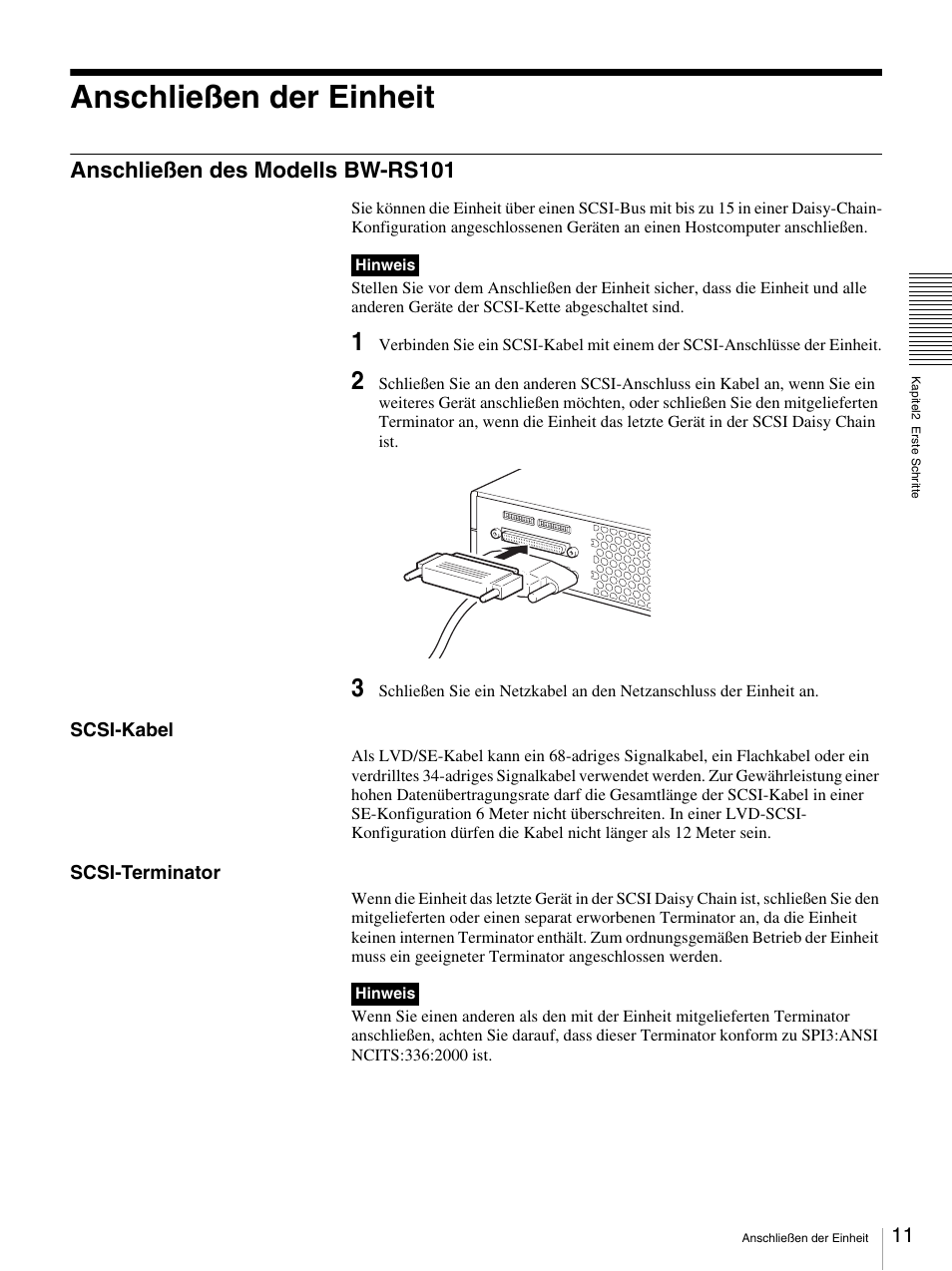 Anschließen der einheit, Anschließen des modells bw-rs101, Scsi-kabel“ auf seite 11 | Sony BW-RS101 User Manual | Page 65 / 134