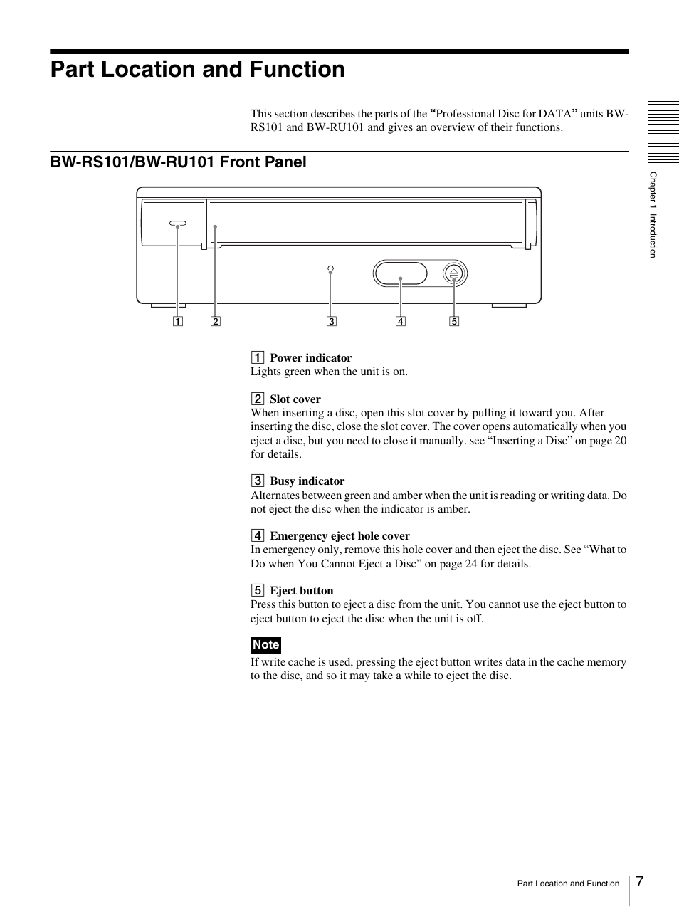 Part location and function, Bw-rs101/bw-ru101 front panel | Sony BW-RS101 User Manual | Page 7 / 134