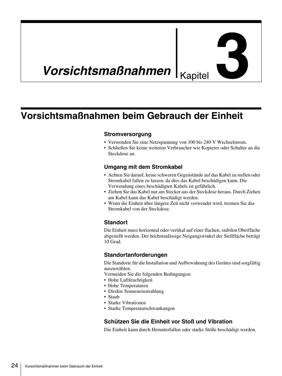 Vorsichtsmaßnahmen, Vorsichtsmaßnahmen beim gebrauch der einheit, Chapter 3 vorsichtsmaßnahmen | Vorsichtsmaßnahmen beim, Gebrauch der einheit, Kapitel | Sony BW-RS101 User Manual | Page 78 / 134