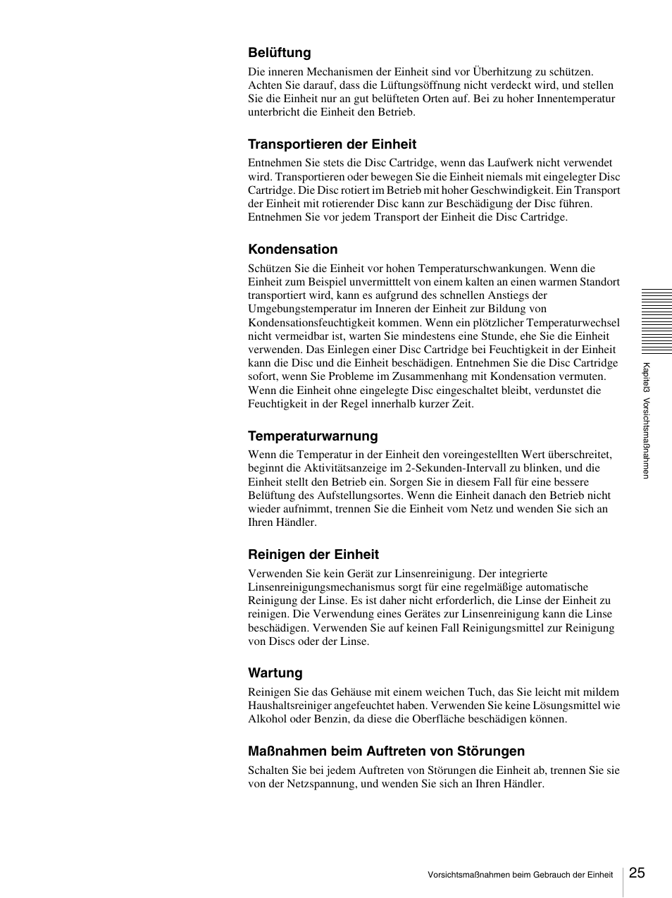 Belüftung, Transportieren der einheit, Kondensation | Temperaturwarnung, Reinigen der einheit, Wartung, Maßnahmen beim auftreten von störungen | Sony BW-RS101 User Manual | Page 79 / 134