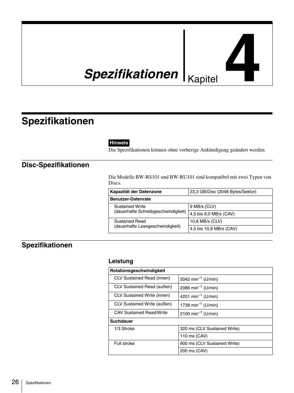 Spezifikationen, Disc-spezifikationen, Chapter 4 spezifikationen | Disc-spezifikationen spezifikationen, Kapitel, Leistung | Sony BW-RS101 User Manual | Page 80 / 134