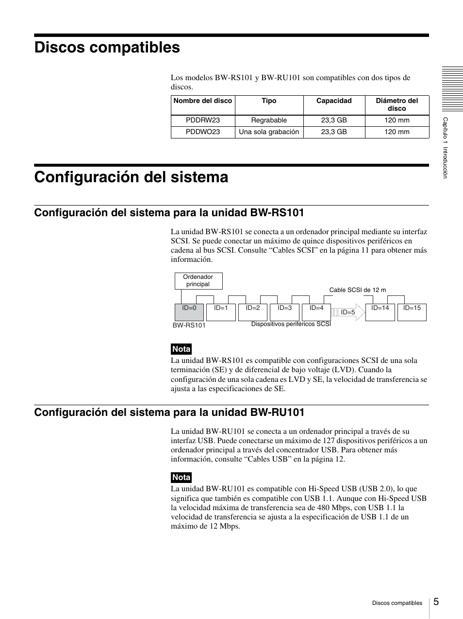 Discos compatibles, Configuración del sistema, Configuración del sistema para la unidad bw-rs101 | Configuración del sistema para la unidad bw-ru101, Discos compatibles configuración del sistema | Sony BW-RS101 User Manual | Page 85 / 134