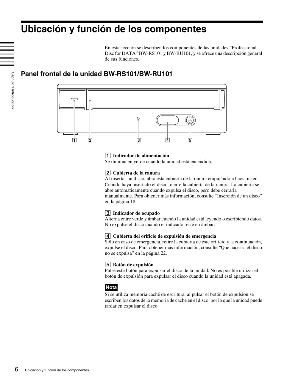 Ubicación y función de los componentes, Panel frontal de la unidad bw-rs101/bw-ru101 | Sony BW-RS101 User Manual | Page 86 / 134