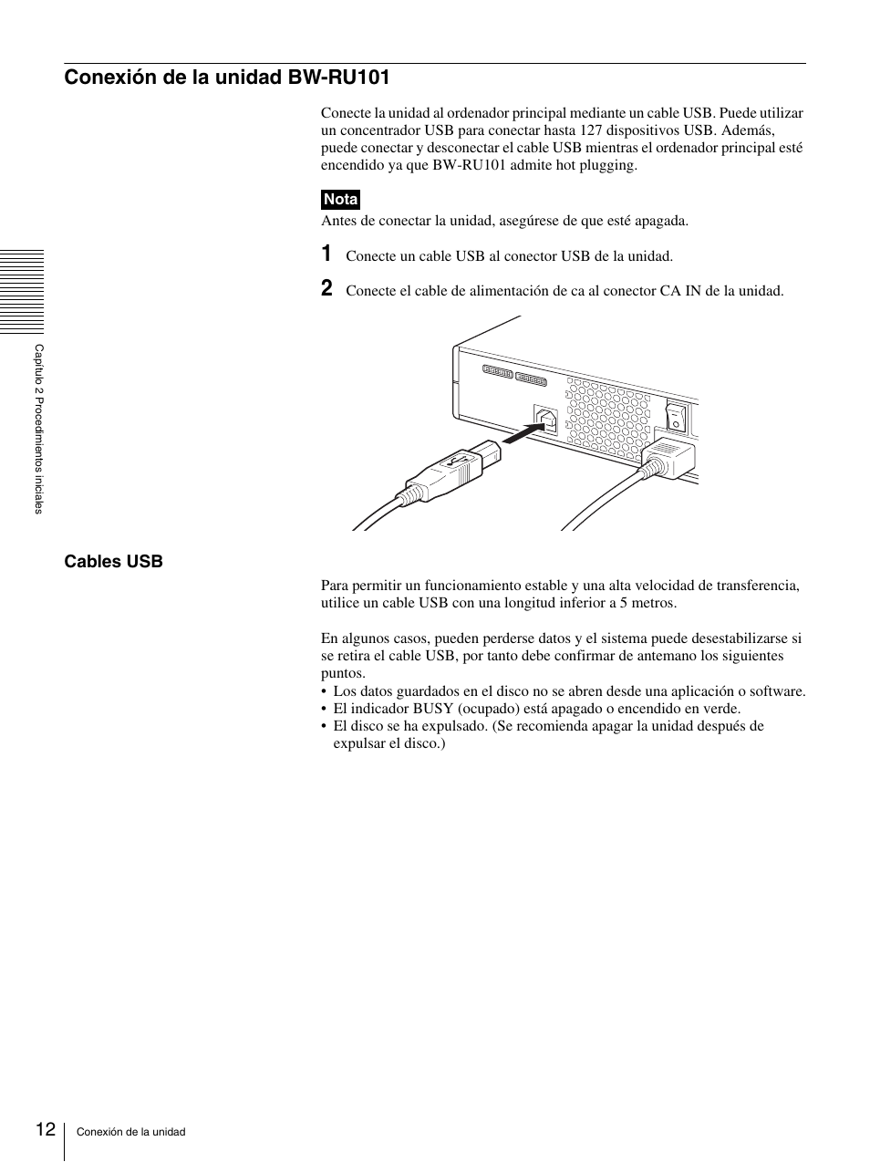 Conexión de la unidad bw-ru101, Cables usb | Sony BW-RS101 User Manual | Page 92 / 134