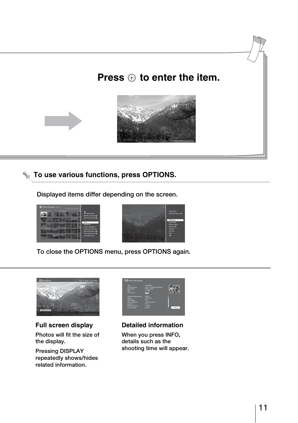 Press to enter the item, Detailed information | Sony HDMS-S1D User Manual | Page 11 / 79