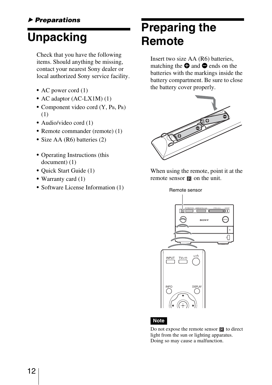 Preparations, Unpacking, Preparing the remote | Sony HDMS-S1D User Manual | Page 12 / 79