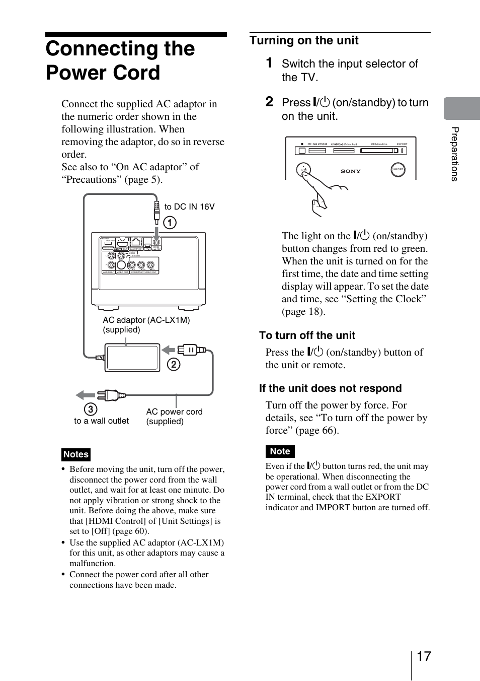 Connecting the power cord, Turning on the unit, Switch the input selector of the tv | Press \/1 (on/standby) to turn on the unit, Pre par at io n s | Sony HDMS-S1D User Manual | Page 17 / 79