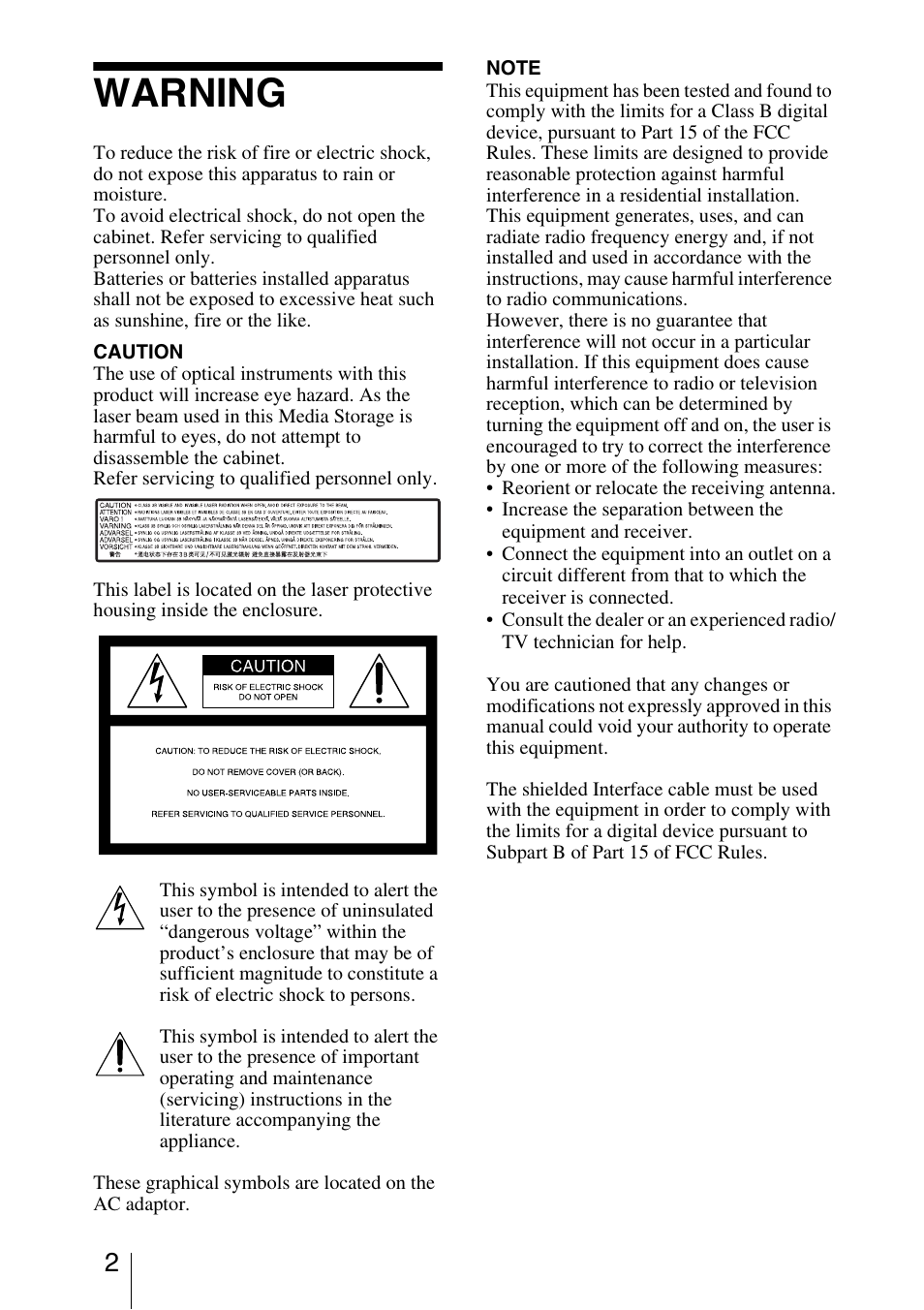Warning | Sony HDMS-S1D User Manual | Page 2 / 79