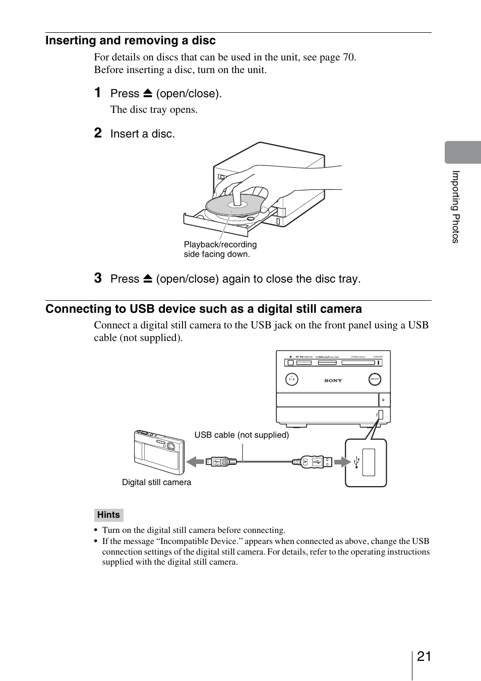 Inserting and removing a disc, Press z (open/close), Insert a disc | Press z (open/close) again to close the disc tray | Sony HDMS-S1D User Manual | Page 21 / 79