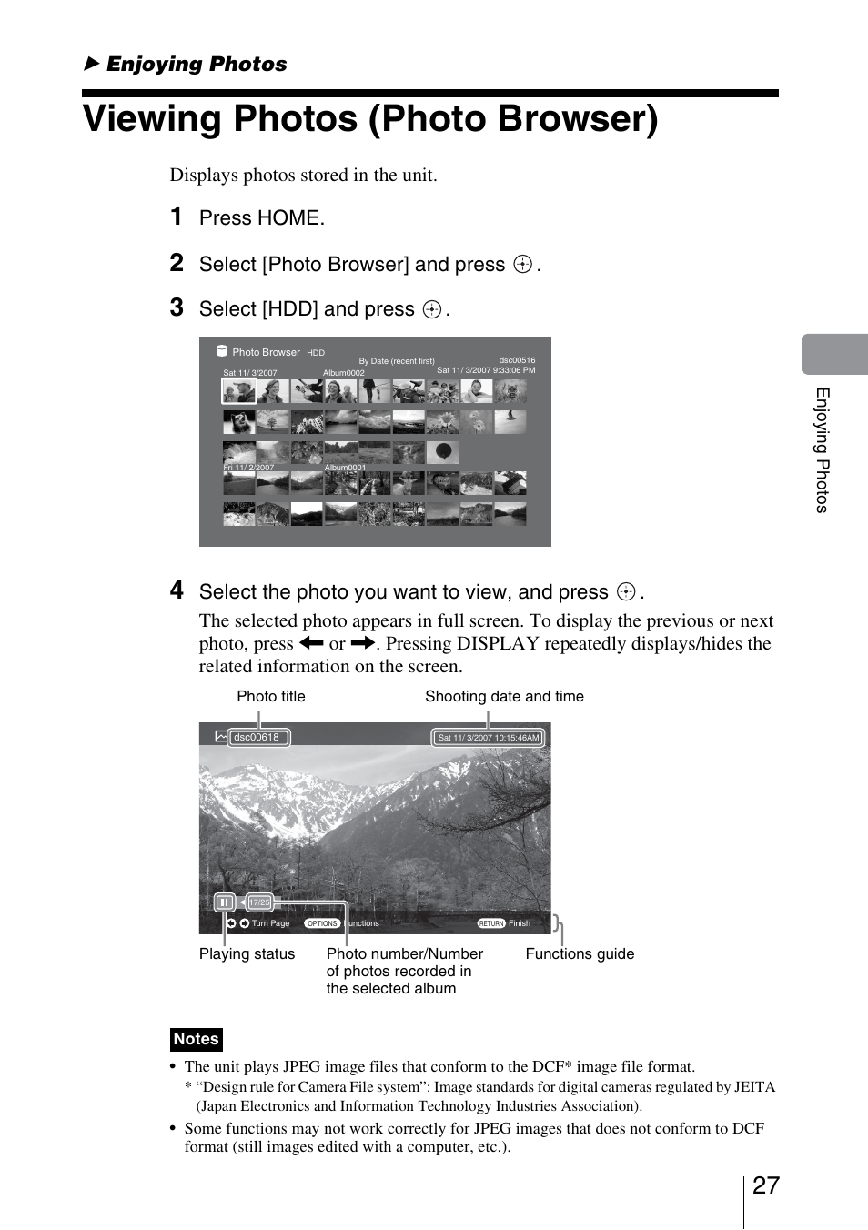 Enjoying photos, Viewing photos (photo browser), Press home | Select [photo browser] and press, Select [hdd] and press, Select the photo you want to view, and press, Displays photos stored in the unit | Sony HDMS-S1D User Manual | Page 27 / 79