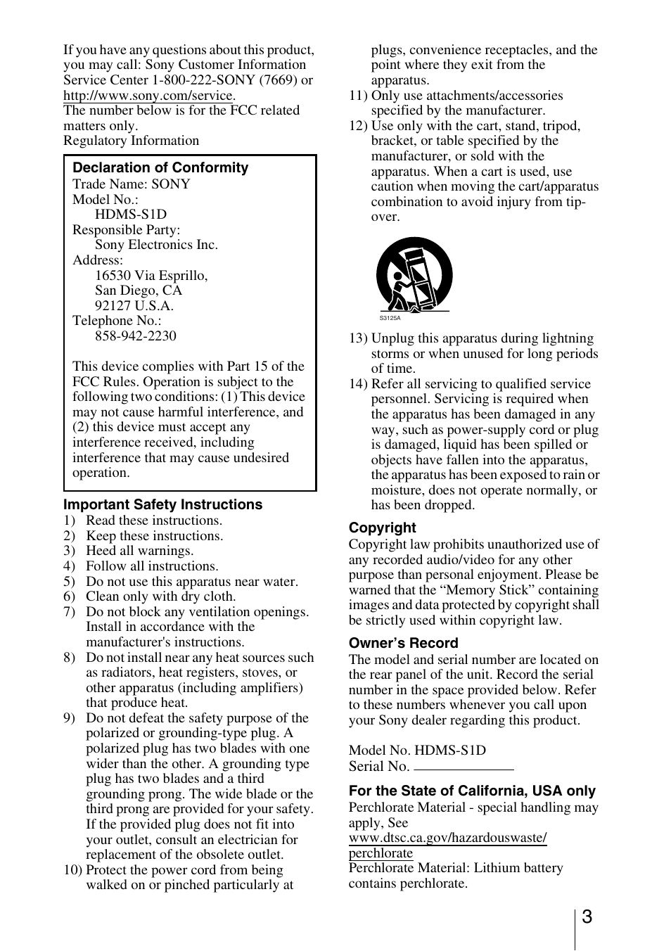 Sony HDMS-S1D User Manual | Page 3 / 79