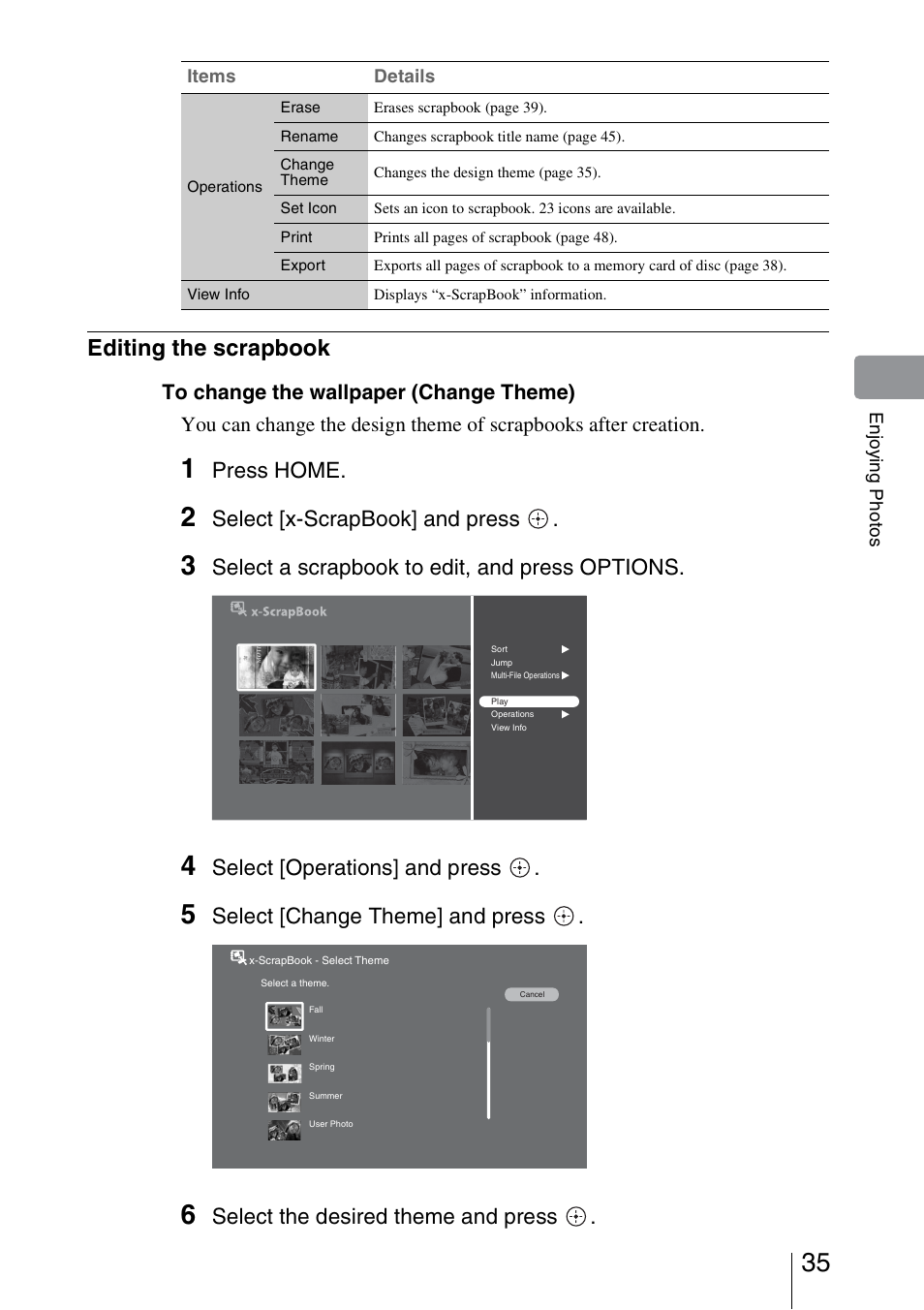 Editing the scrapbook, Press home, Select [x-scrapbook] and press | Select a scrapbook to edit, and press options, Select [operations] and press, Select [change theme] and press, Select the desired theme and press | Sony HDMS-S1D User Manual | Page 35 / 79